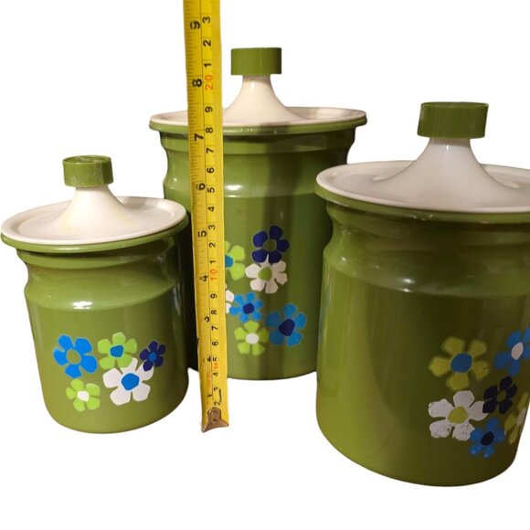 Vtg Kromex Floral Metal Canister Set w/ Lids Retro Storage 4 Pc Nesting USA - Picture 10 of 13
